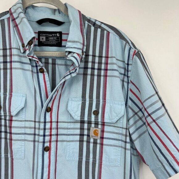 Carhartt Men's 105175 Loose Fit Midweight Short Sleeve Plaid Shirt Powder Blue s - Picture 3 of 9
